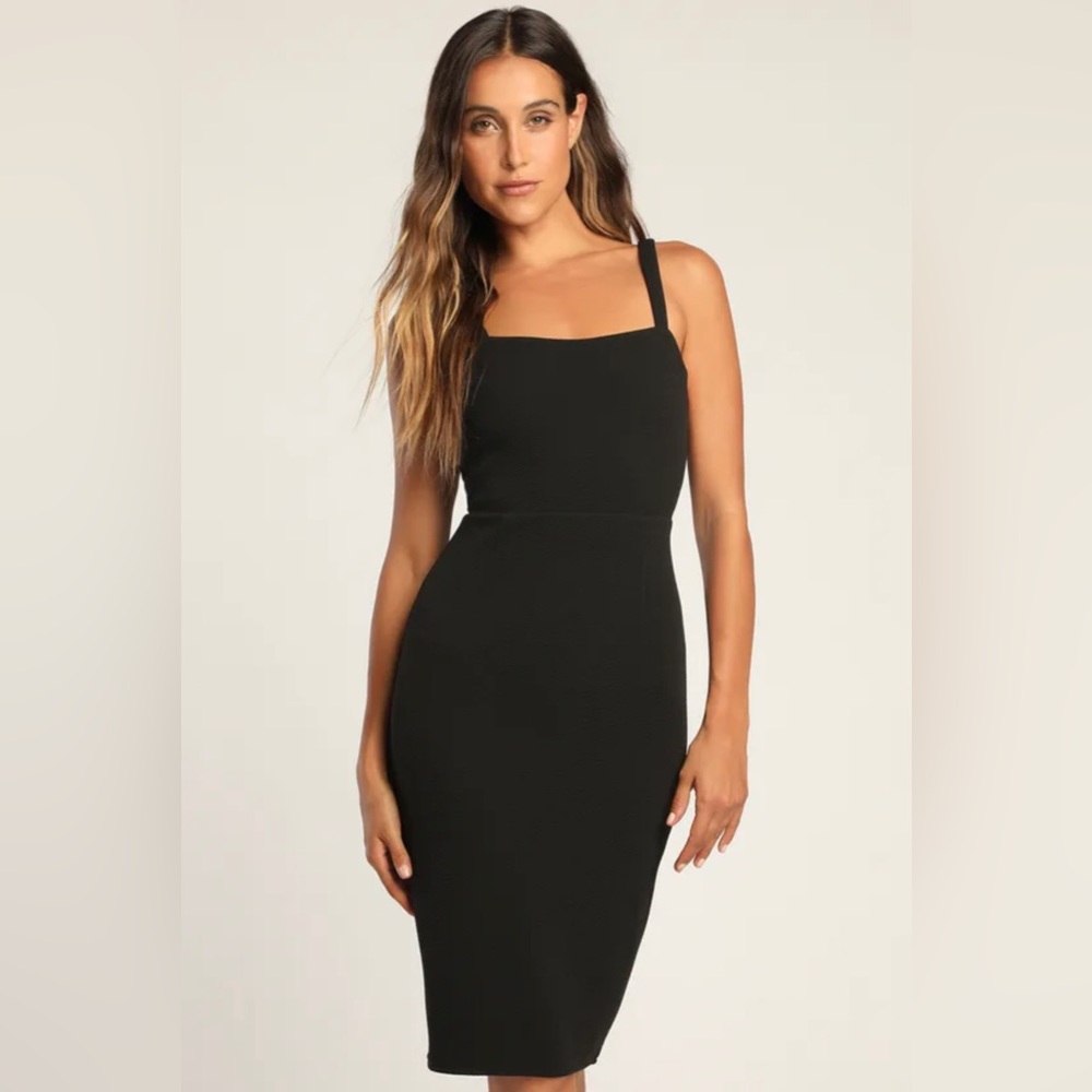 Lulus Guessing Game Black Bodycon Midi Dress, Size Large